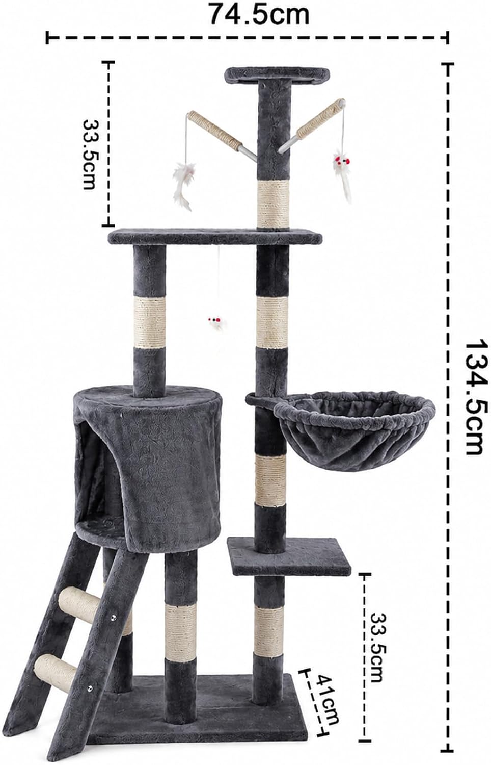 Cat Tree Tower 135cm – Multi-Level Cat Scratching Post with Ladder, Hammock & House – Indoor Kitty Play Activity Furniture for Kittens and Small Cats (Dark Gray) | FREE SHIPPING