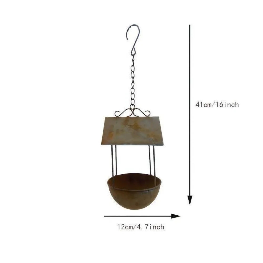 Rusty Iron Bird Bath Feeder Vintage Rain-Resistant Automatic Feeding Station Large Capacity Anti-leakage Bird Food Container