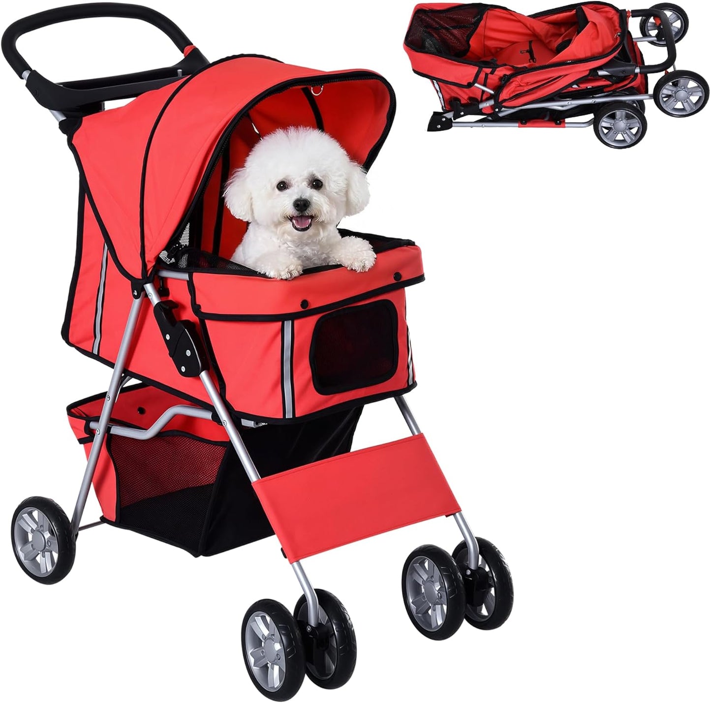 Pet Stroller for Small Dogs Cats Foldable Travel Carriage with Wheels Zipper Entry Cup Holder Storage Basket