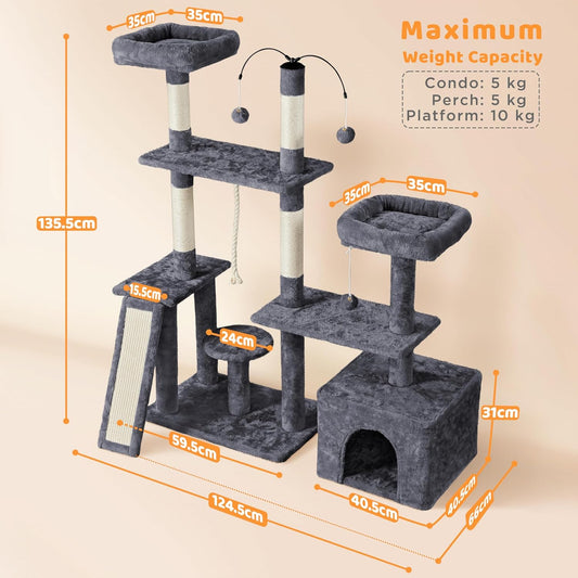 136cm Cat Tree, Large Sturdy Cat Tower with Plush Condo for Indoor Cats, 4 Sisal Posts, Spacious Perches & Dangling Balls, Dark Grey | FREE SHIPPING