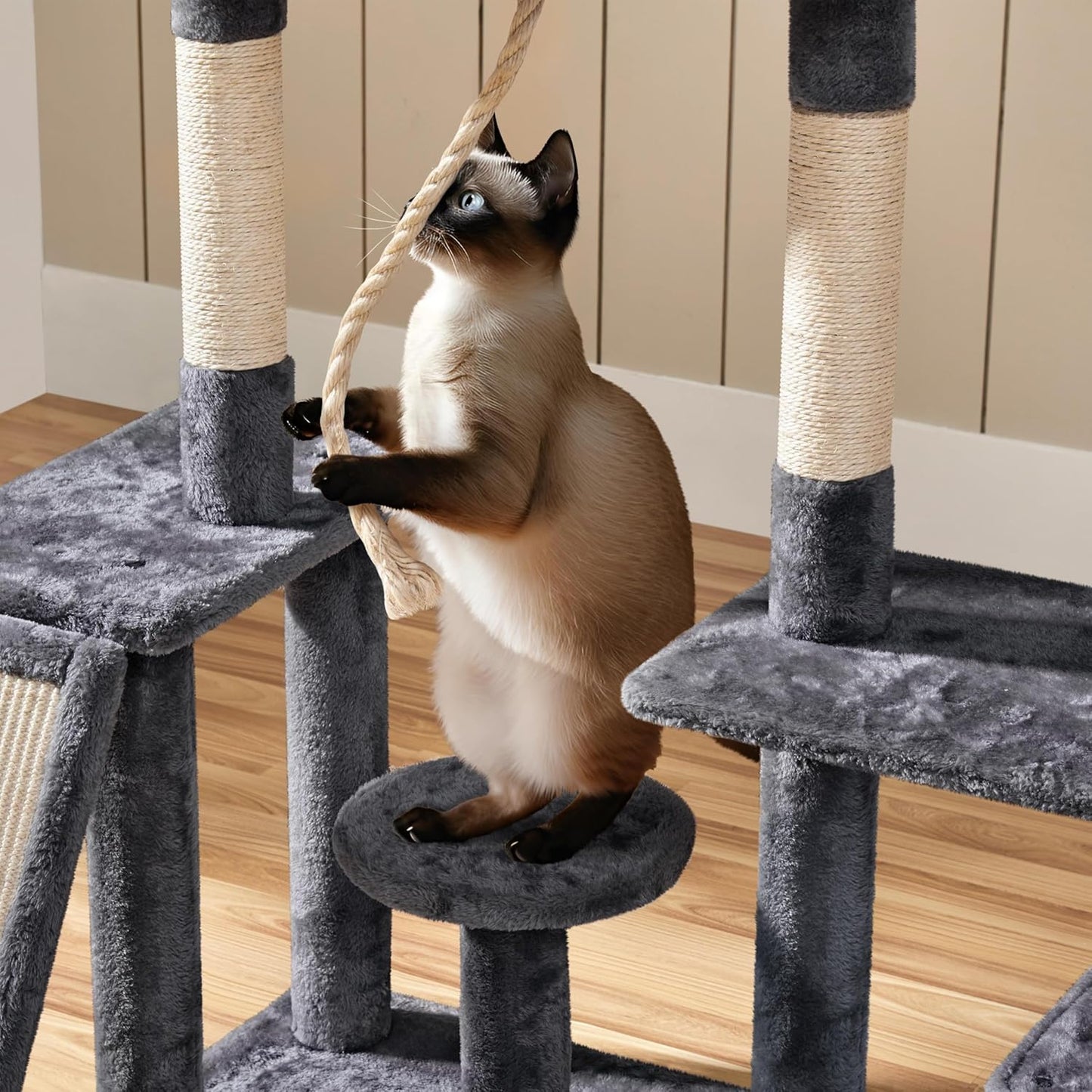 136cm Cat Tree, Large Sturdy Cat Tower with Plush Condo for Indoor Cats, 4 Sisal Posts, Spacious Perches & Dangling Balls, Dark Grey | FREE SHIPPING