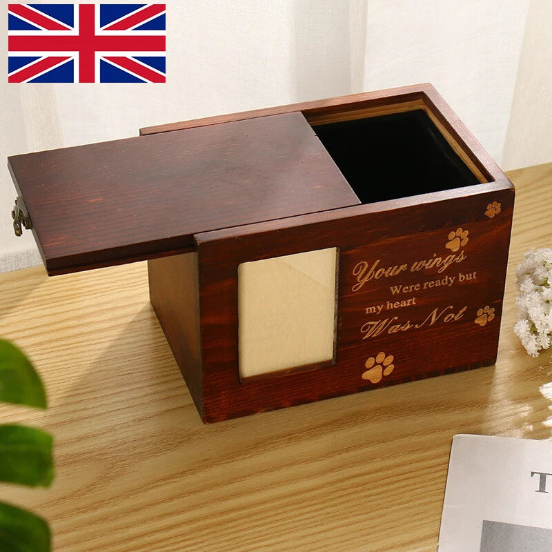 Wooden Pet Memorial Urn for Ashes with Photo Frame-Cat or Dog Memory Box UK