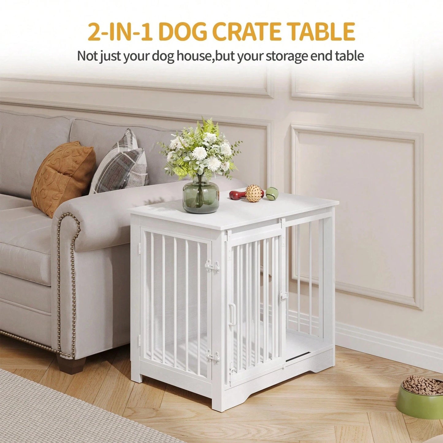 White Dog Crate Furniture with Barn Door End Table Small Dogs 69cm