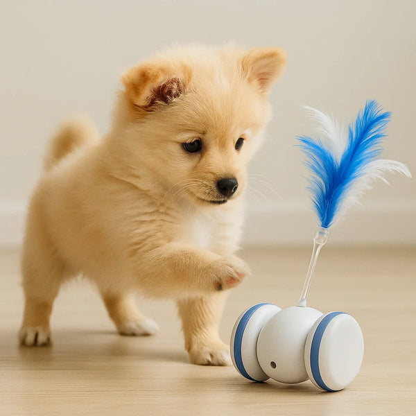 Cute puppy playing with an interactive feather toy - pet toys and play accessories at Happy Furry UK