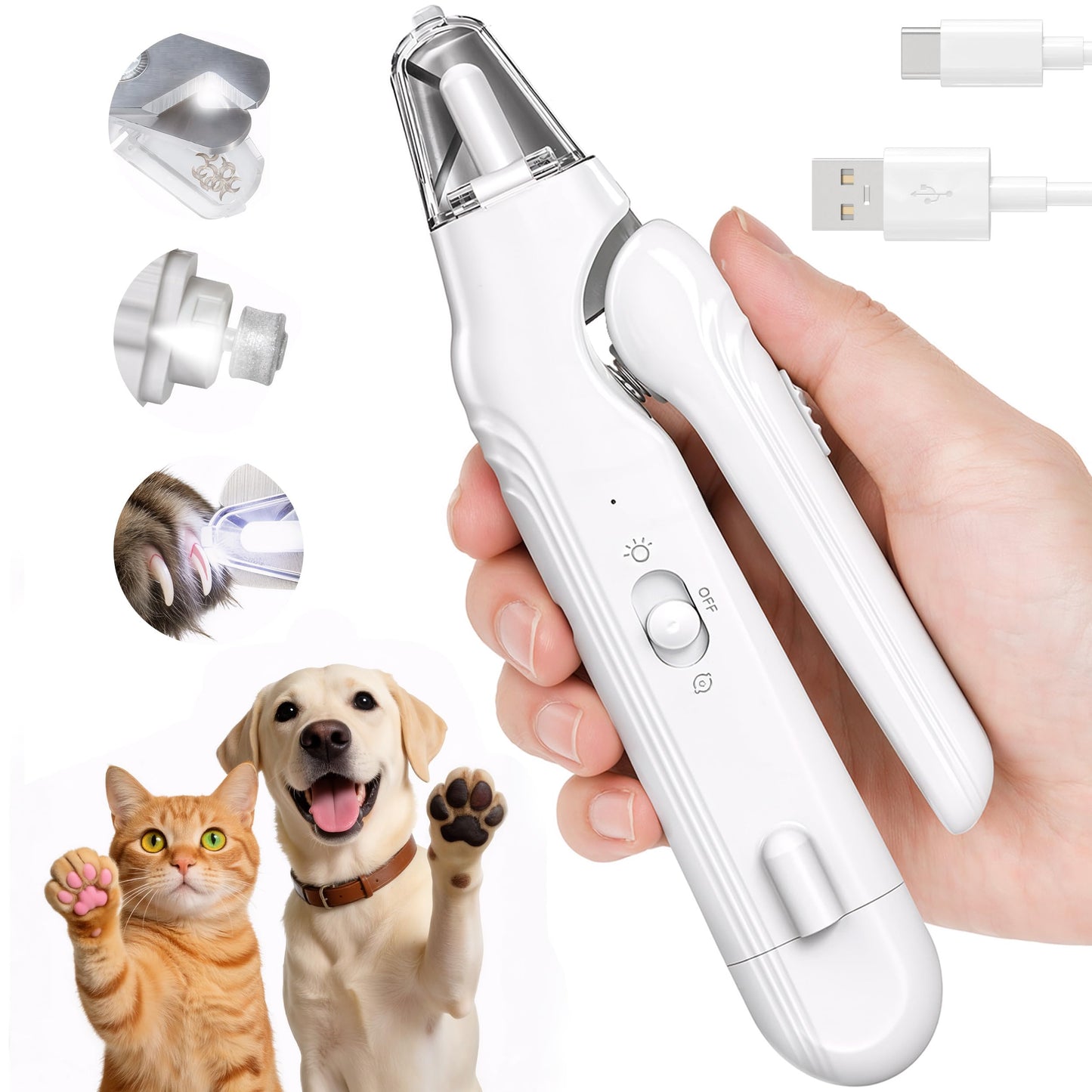 2 in 1 dog nail clippers light electric grinder quiet LED USB-C rechargeable safety guard black nails UK Happy Furry