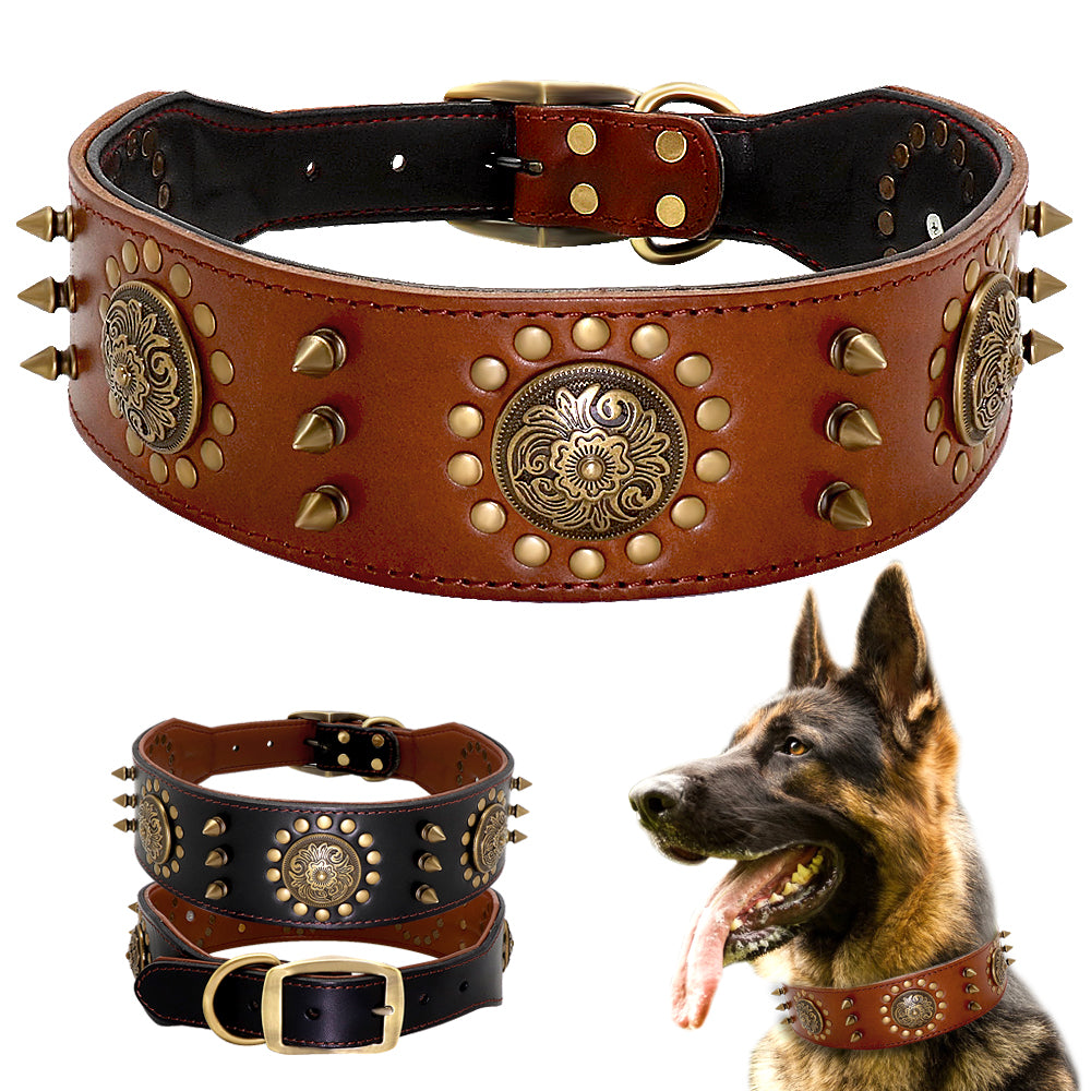 leather stud dog collar large anti bite studded UK Happy Furry