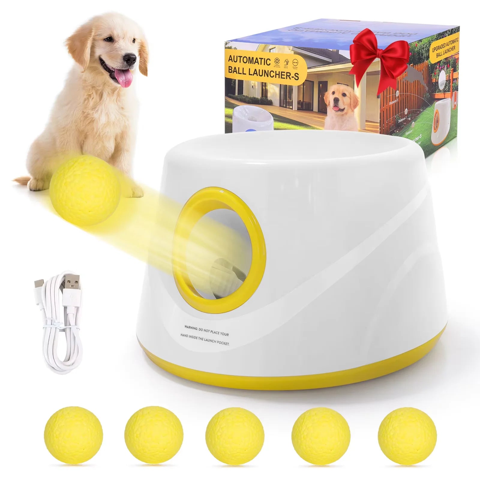 automatic dog ball launcher interactive tennis ball thrower 5 balls UK Happy Furry
