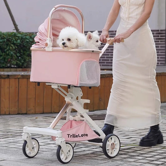 luxury PU leather pet stroller foldable lightweight dog cat travel outdoor UK Happy Furry