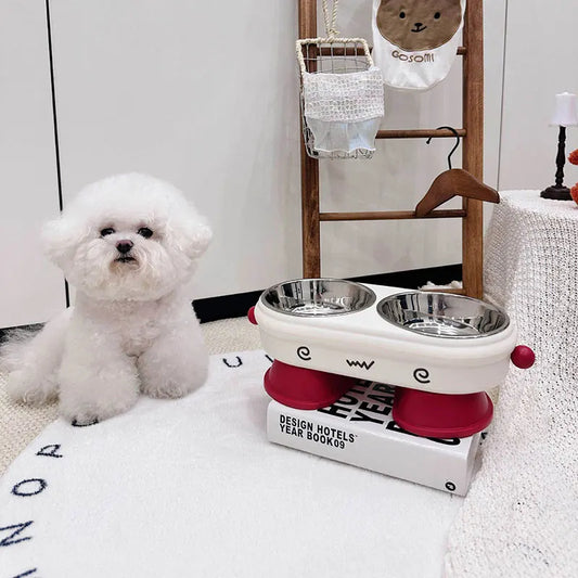 elevated stainless steel pet bowl anti slip anti tip 2 in 1 dog cat UK Happy Furry