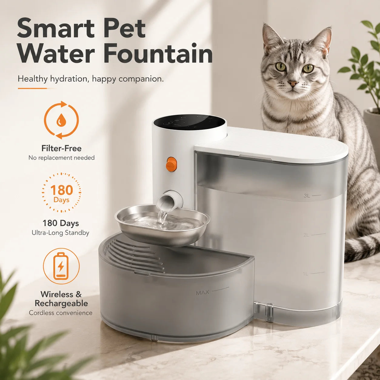 smart 3L wireless pet water fountain ultra silent battery rechargeable cat dog UK Happy Furry