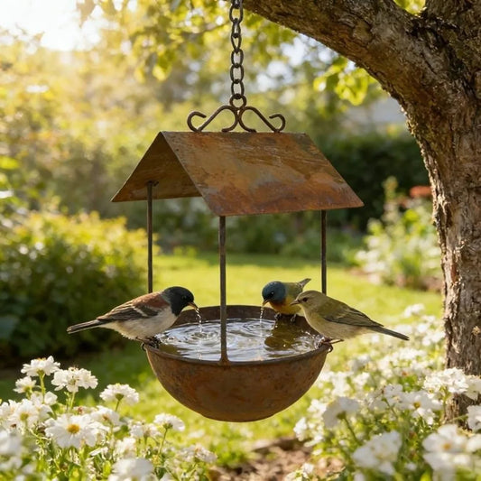 rusty iron bird bath feeder vintage rain resistant automatic feeding station large capacity UK Happy Furry