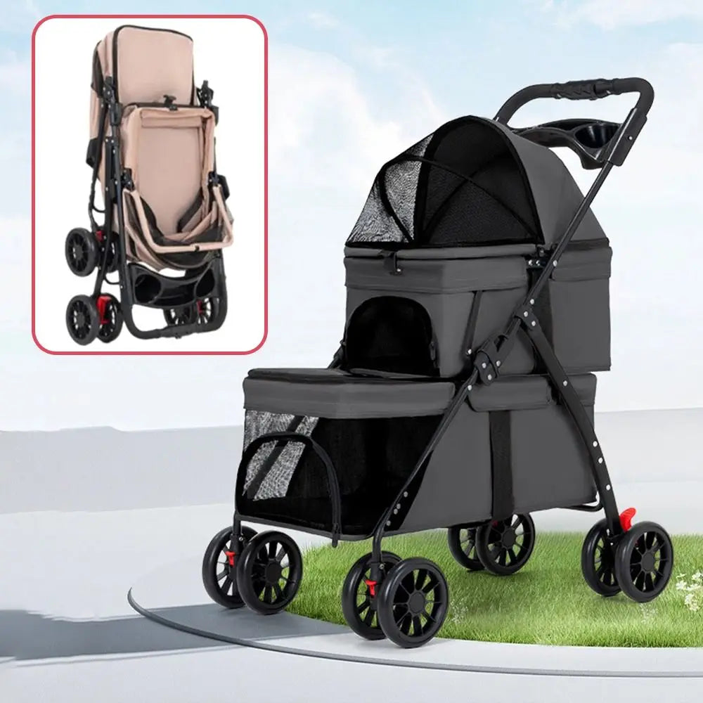 New Foldable Double Pet Stroller with 2 Carriages Cup Holder Pet Strolling Cart Lockable Wheels Cat Strollers for Dogs and Cats