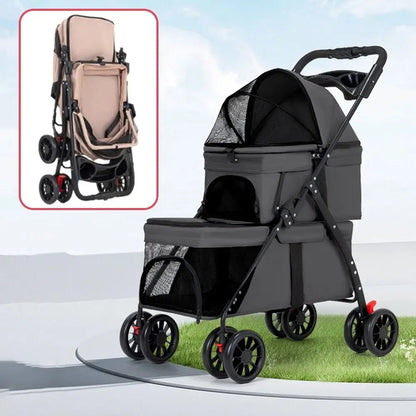 New Foldable Double Pet Stroller with 2 Carriages Cup Holder Pet Strolling Cart Lockable Wheels Cat Strollers for Dogs and Cats