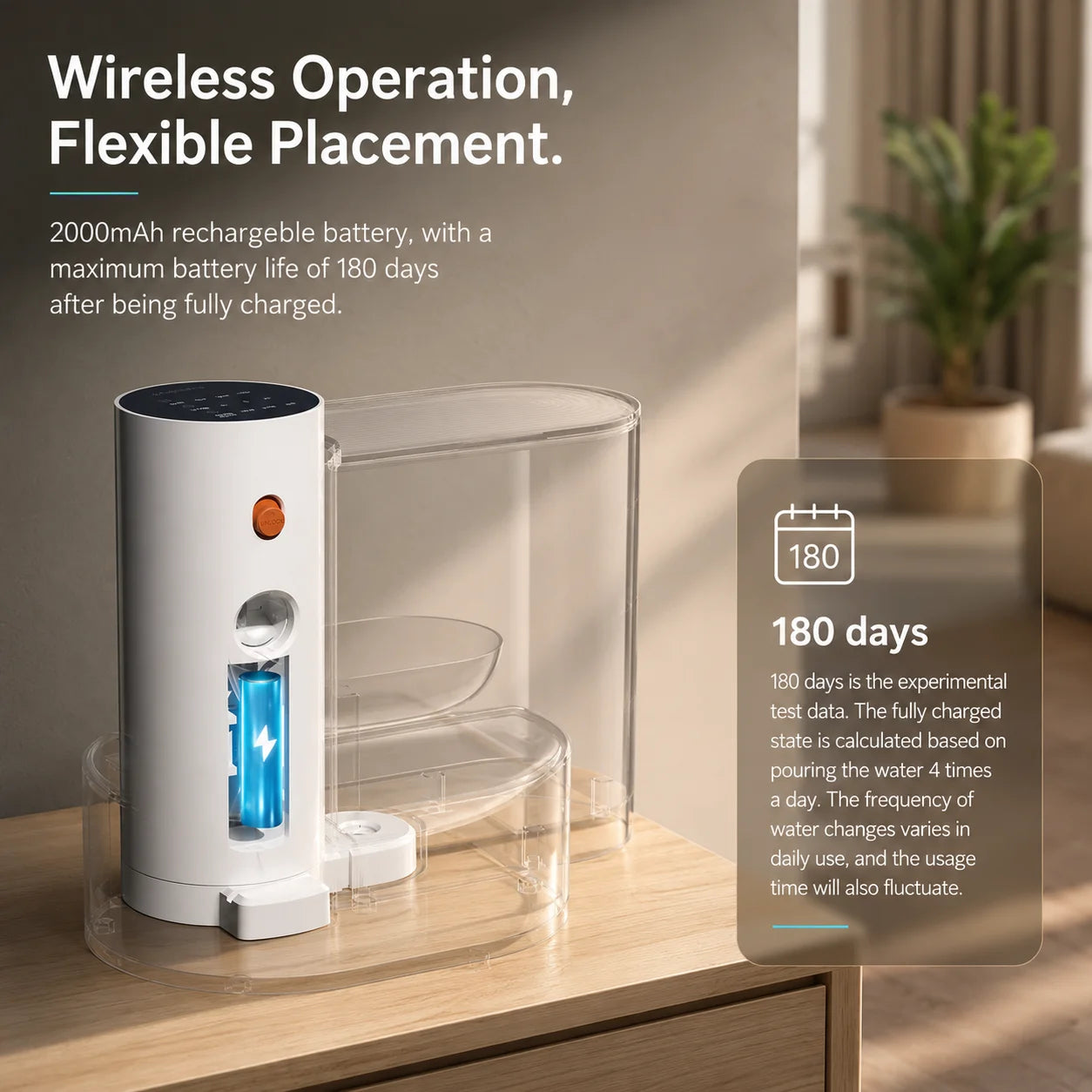 Smart Pet Water Fountain,3L Wireless Cat Water Fountain No Filter,Battery Operated Ultra Silent Cat Fountain Rechargeable