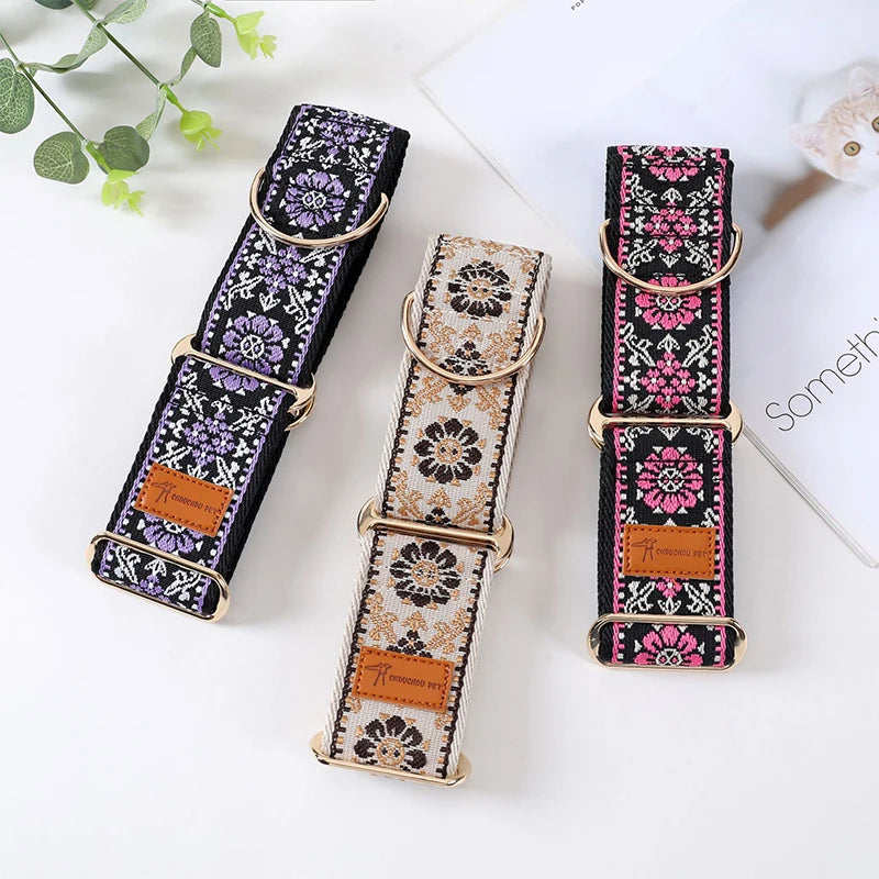 Adjustable Dog Collar Chinese Ethnic Style Martingale Greyhound Collar Patterned Anti-pull Collar Hand Washable Dog Accessory