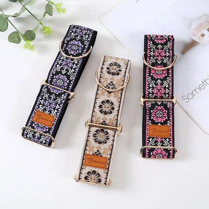 Adjustable Dog Collar Chinese Ethnic Style Martingale Greyhound Collar Patterned Anti-pull Collar Hand Washable Dog Accessory