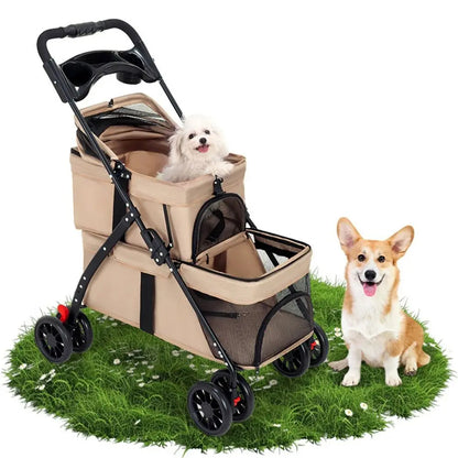 New Foldable Double Pet Stroller with 2 Carriages Cup Holder Pet Strolling Cart Lockable Wheels Cat Strollers for Dogs and Cats