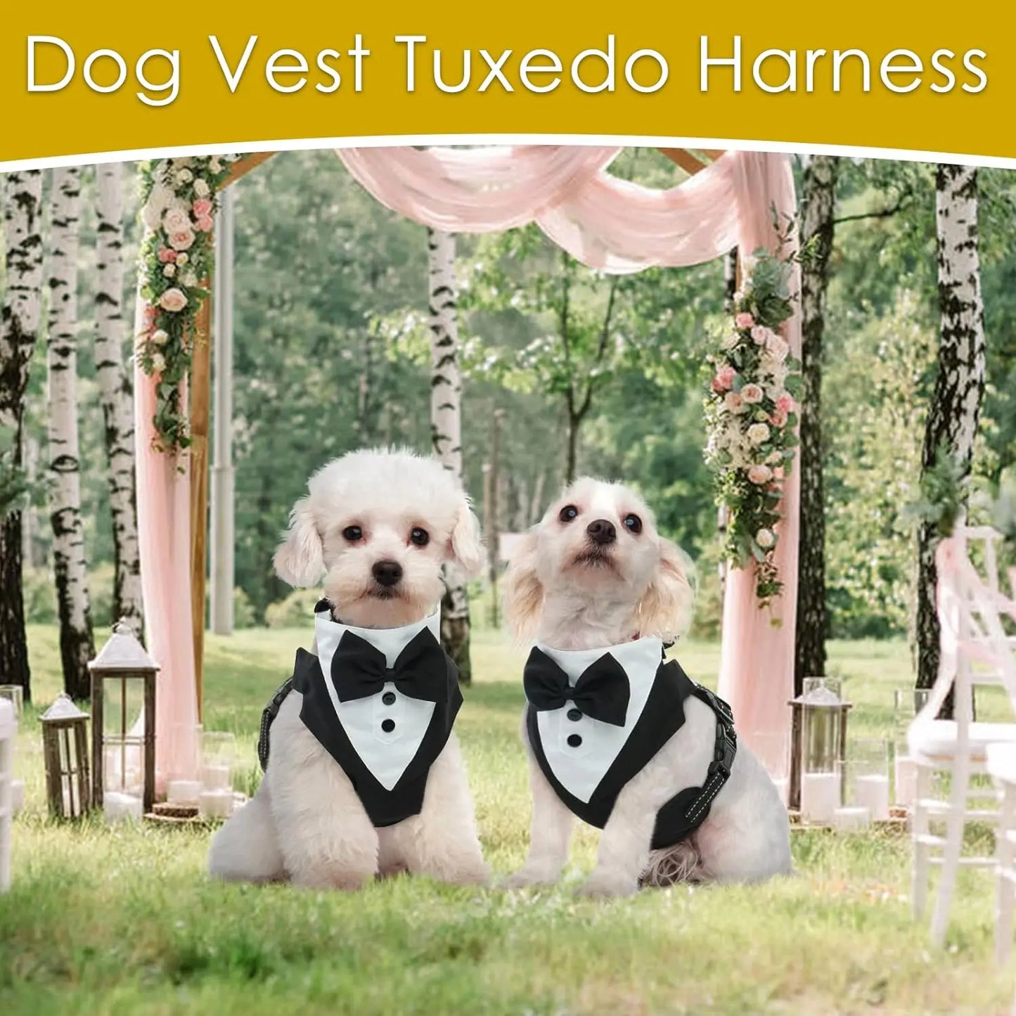 Dog Tuxedo Harness Engagement Birthday Valentines Wedding Costume Adjustable Bow Tie Pet Vest Harness for Small Medium Dogs