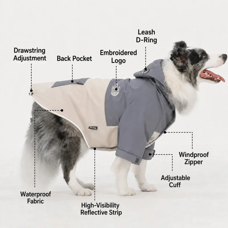 Lightweight Dog Rain Jacket Water‑Repellent Windproof Coat with Reflective Strip Drawstring Adjustable Outdoor Pet Clothes