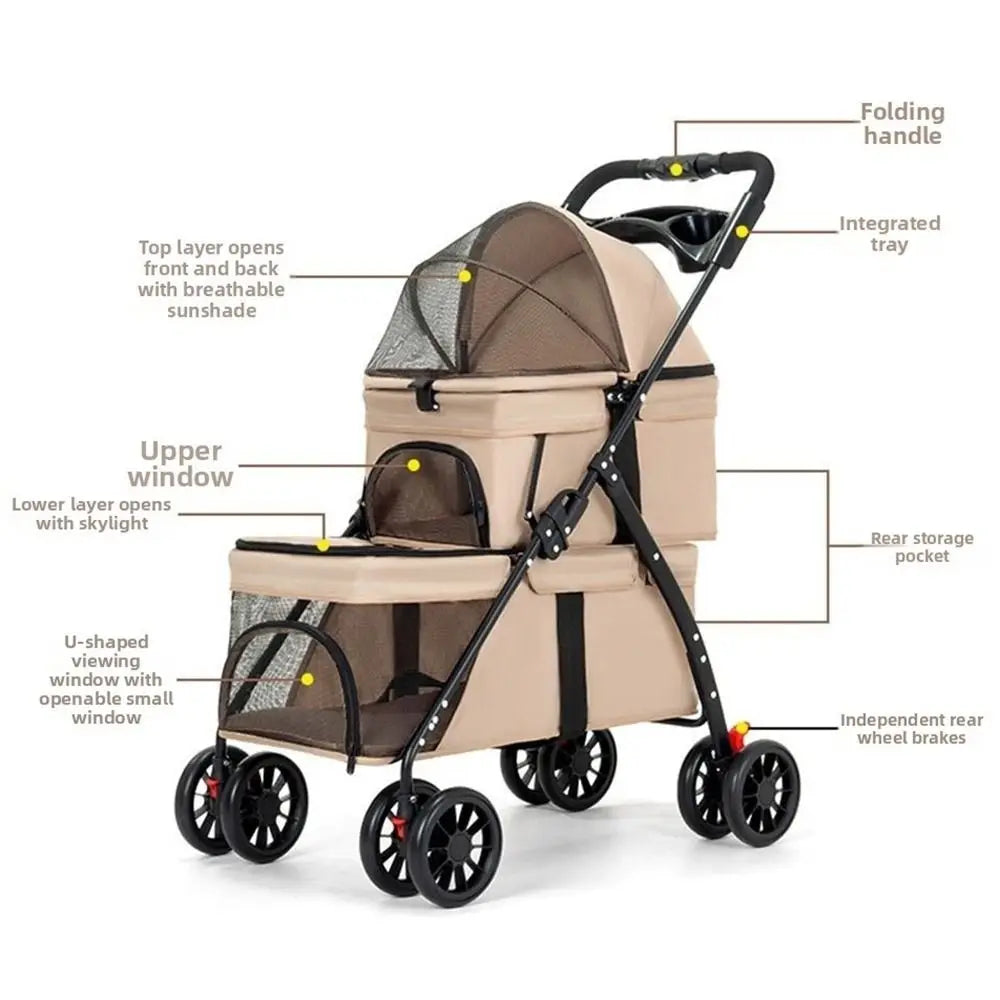 new foldable double pet stroller 2 carriages cup holder lockable wheels dogs cats UK Happy Furry