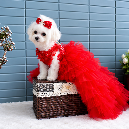 Luxury Red Handmade Dog Wedding Dress British Aristocratic Style Tiered Skirt European Palace Style Pet Gown with Trimmings
