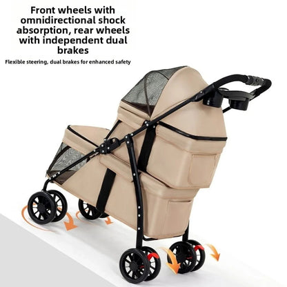 double pet stroller foldable 2 carriages lockable wheels cup holder dogs cats UK Happy Furry