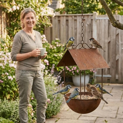 Rusty Iron Bird Bath Feeder Vintage Rain-Resistant Automatic Feeding Station Large Capacity Anti-leakage Bird Food Container
