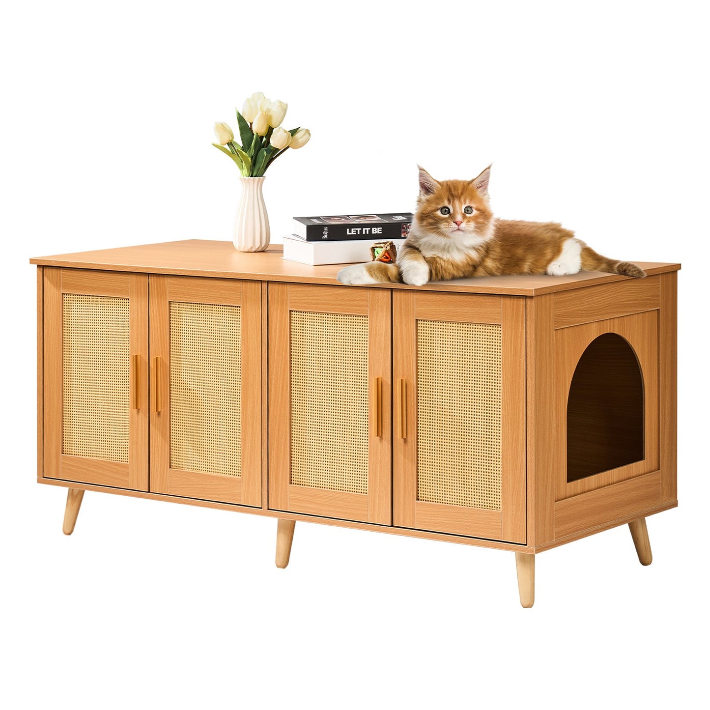 cat litter box enclosure 2 cats rattan doors wooden cabinet natural UK Happy Furry
