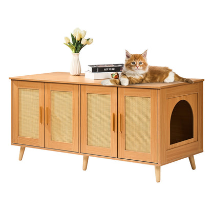 cat litter box enclosure 2 cats rattan doors wooden cabinet natural UK Happy Furry