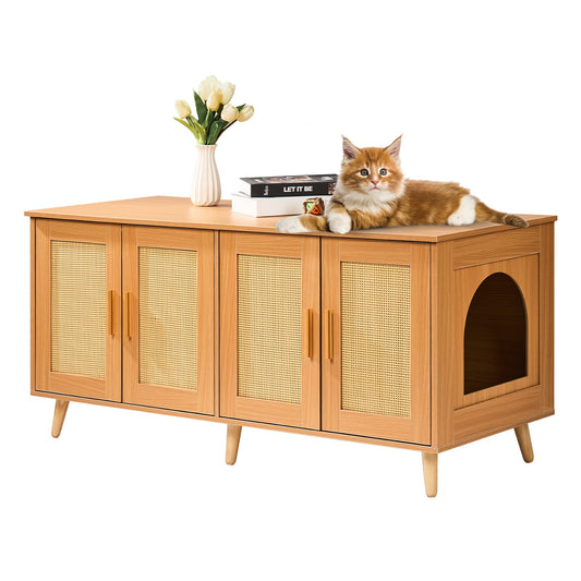 cat litter box enclosure 2 cats rattan doors wooden cabinet natural UK Happy Furry