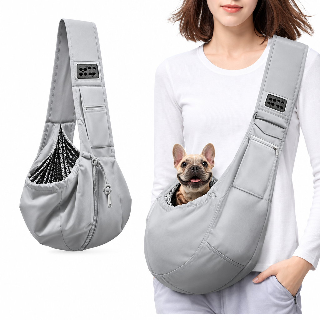 Cotton pet sling bag worn crossbody for carrying a small dog or cat on walks, Happy Furry UK"
