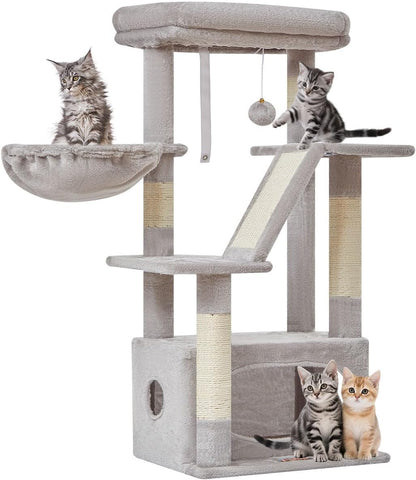 Cat Tree, 98cm Cat Tower for Indoor Cats, Small Cat Tree Suitable for Kittens with Luxurious Cat Condo, Adjustable Basket and Luxurious Perch, Light Gray