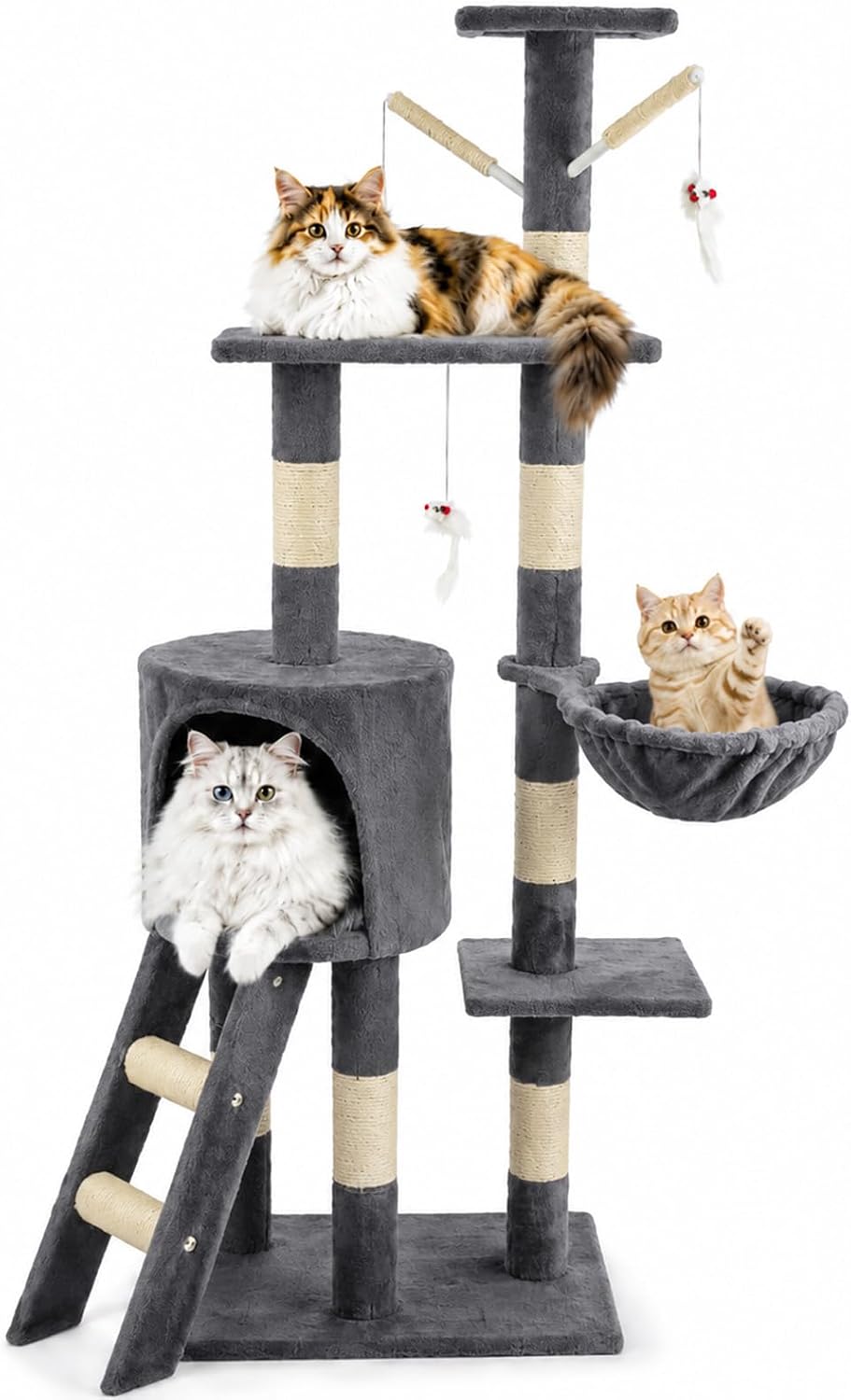 Cat Tree Tower 135cm – Multi-Level Cat Scratching Post with Ladder, Hammock & House – Indoor Kitty Play Activity Furniture for Kittens and Small Cats (Dark Gray)   | FREE SHIPPING