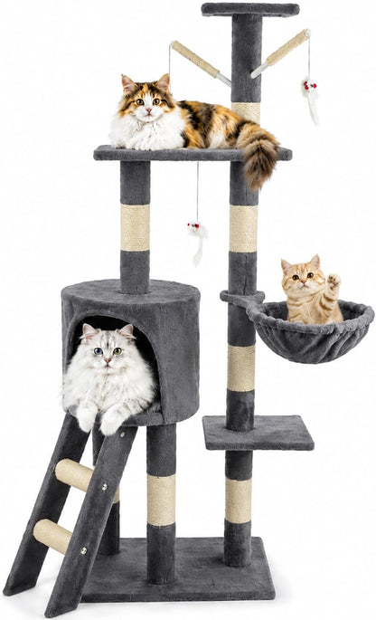 Cat Tree Tower 135cm – Multi-Level Cat Scratching Post with Ladder, Hammock & House – Indoor Kitty Play Activity Furniture for Kittens and Small Cats (Dark Gray)   | FREE SHIPPING