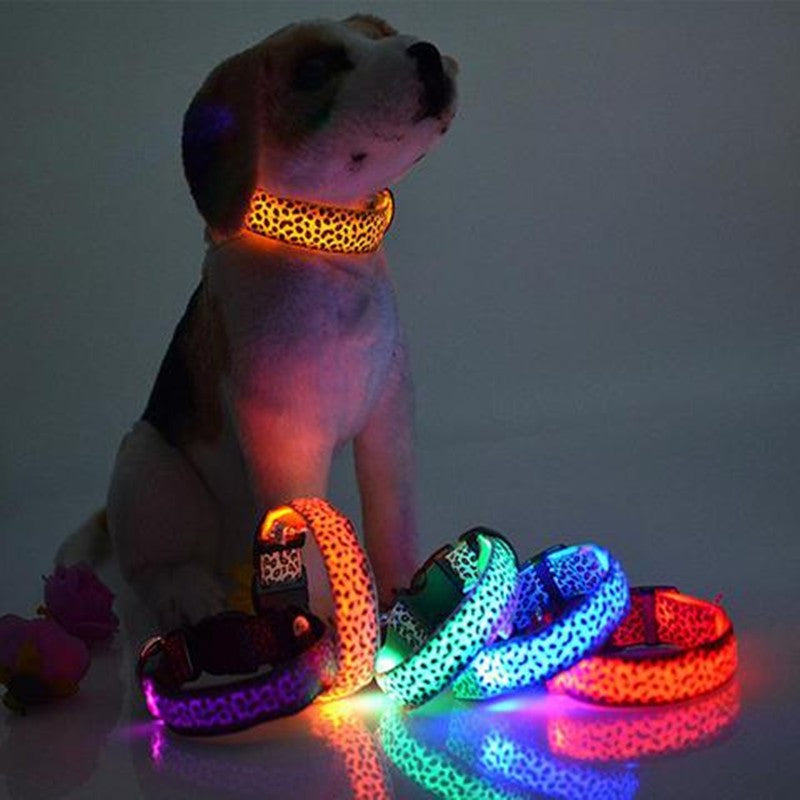 LED dog collar safety adjustable nylon leopard print pet UK Happy Furry