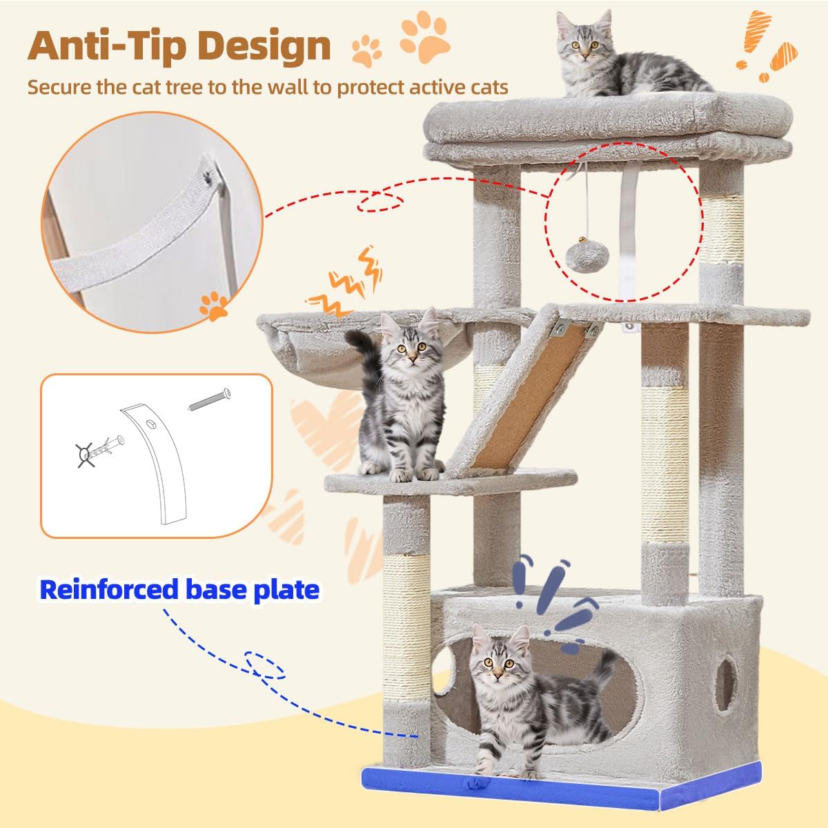 Cat Tree, 98cm Cat Tower for Indoor Cats, Small Cat Tree Suitable for Kittens with Luxurious Cat Condo, Adjustable Basket and Luxurious Perch, Light Gray