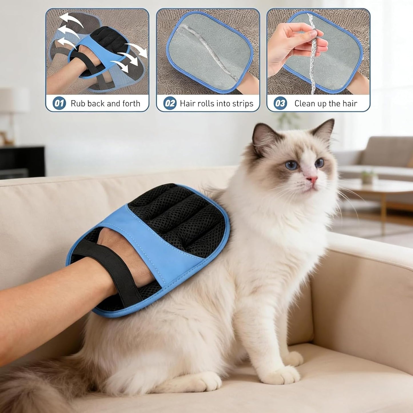 Pet Hair Removal Glove, Electrostatic Cat Hair Remover for Furniture and Clothing, Practical Brush Pet Hair Tool, Stylish Pet Hair Glove with Blue Decor Trim