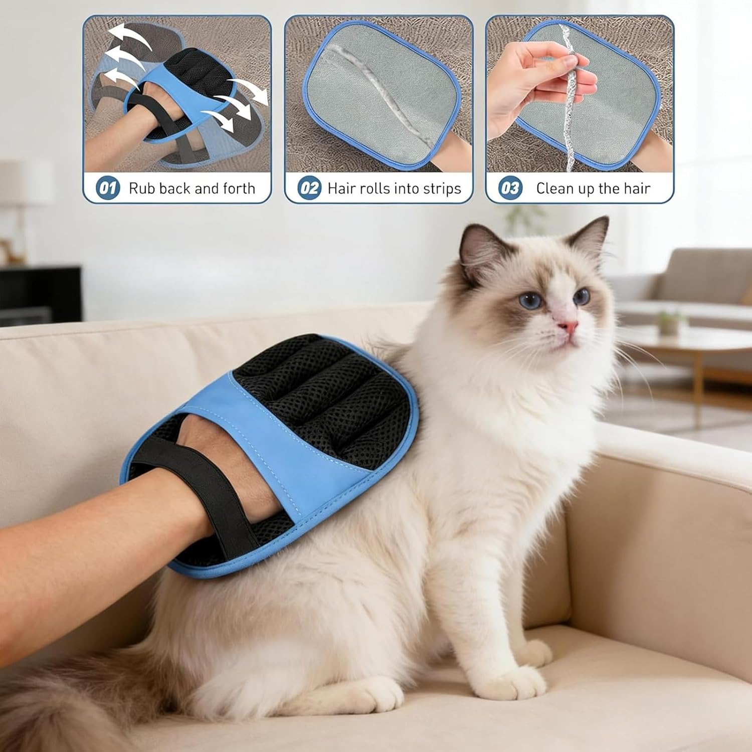 electrostatic pet hair removal glove cat dog furniture clothing blue trim UK Happy Furry