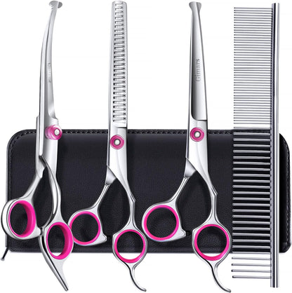 Dog Grooming Scissors Kit Professional 4CR with Safety Round Tip, 5 in 1 Heavy Duty Titanium Coated Thinning & Curved & Straight Shears   | FREE SHIPPING