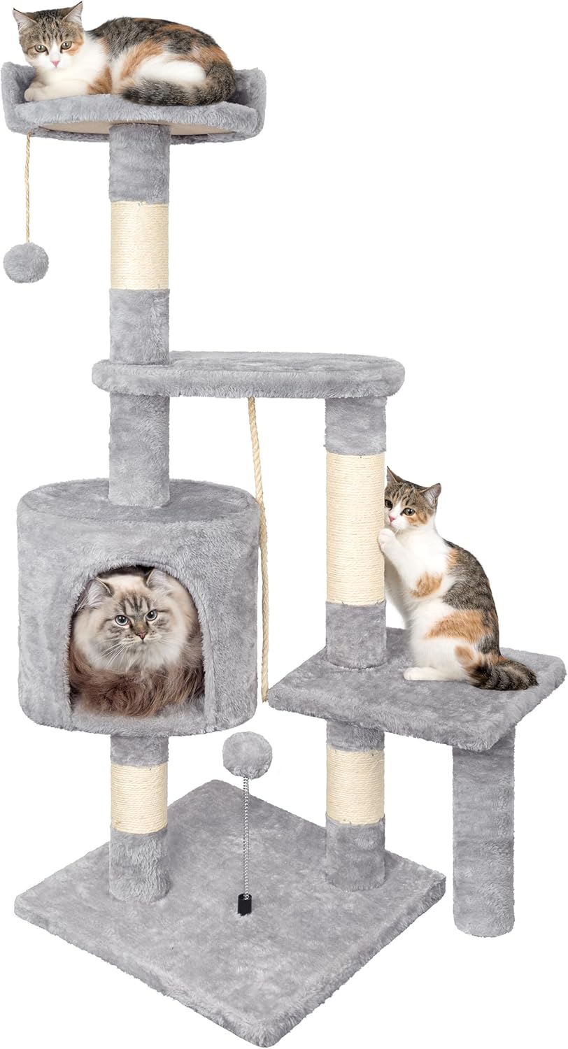 112cm cat tree scratching post multi level sisal toy balls cave UK Happy Furry