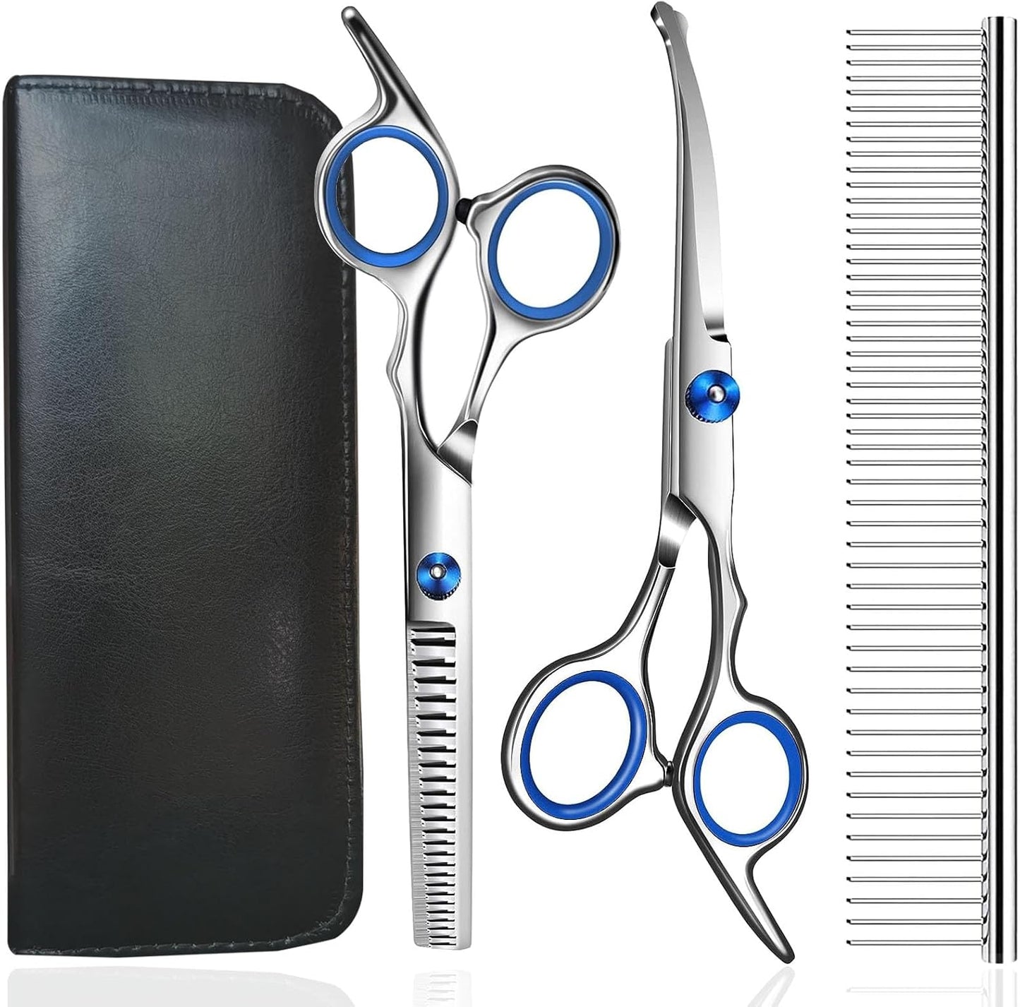 4 in 1 dog grooming scissors kit safety round tip shears steel comb leather pouch UK Happy Furry