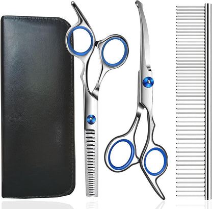 4 in 1 dog grooming scissors kit safety round tip shears steel comb leather pouch UK Happy Furry
