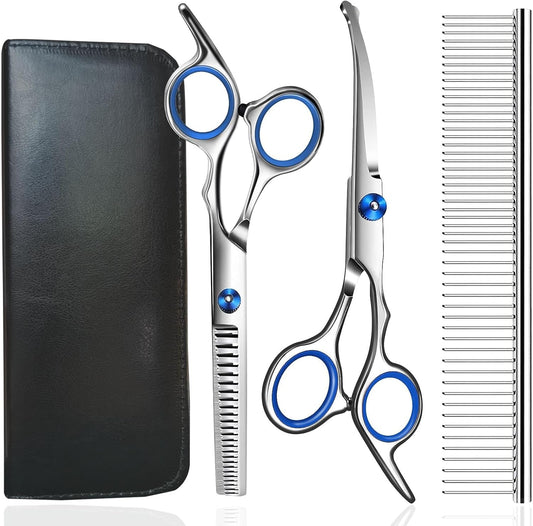 4 in 1 dog grooming scissors kit safety round tip shears steel comb leather pouch UK Happy Furry