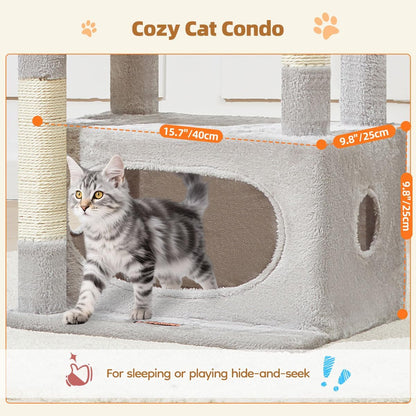 Cat Tree, 98cm Cat Tower for Indoor Cats, Small Cat Tree Suitable for Kittens with Luxurious Cat Condo, Adjustable Basket and Luxurious Perch, Light Gray