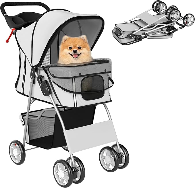 Pet Stroller for Small Dogs Cats Foldable Travel Carriage with Wheels Zipper Entry Cup Holder Storage Basket