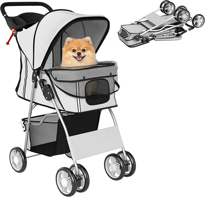 Pet Stroller for Small Dogs Cats Foldable Travel Carriage with Wheels Zipper Entry Cup Holder Storage Basket