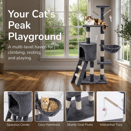 Cat Tree Tower 135cm – Multi-Level Cat Scratching Post with Ladder, Hammock & House – Indoor Kitty Play Activity Furniture for Kittens and Small Cats (Dark Gray)   | FREE SHIPPING