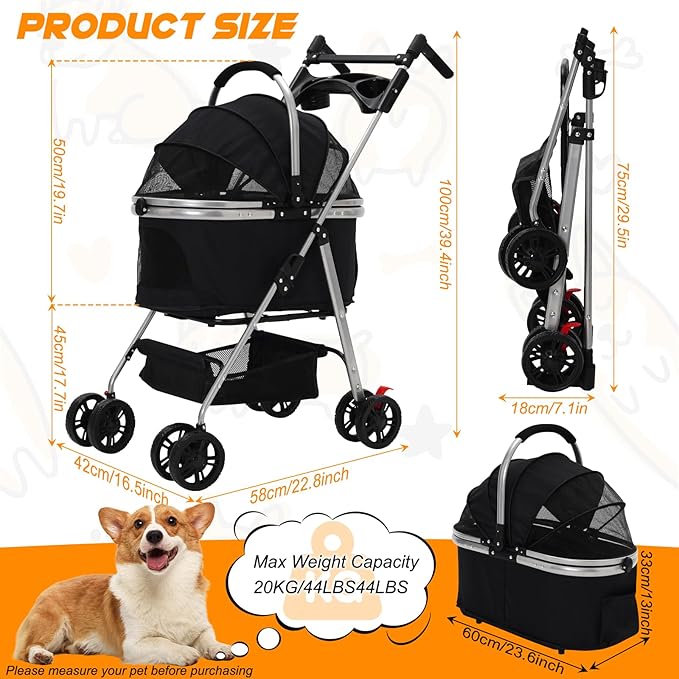 Pet Stroller 3-in-1,Foldable Cat Dog Strollers for Medium Dogs 20KG,Pet Travel Dog Stroller Pushchair with Detachable Carrier Car Seat,Storage Basket,Storage Bag and Food Tray (Black)