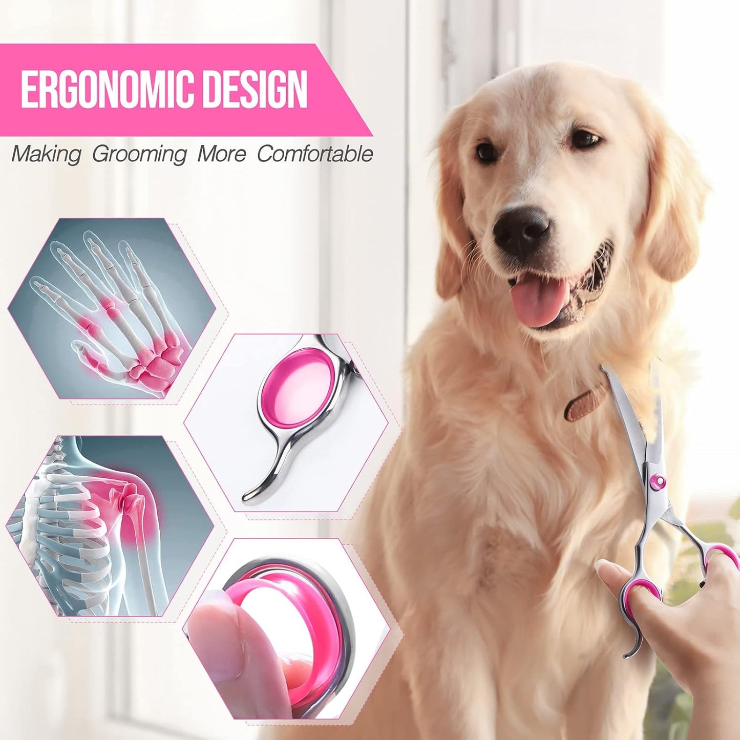 Dog Grooming Scissors Kit Professional 4CR with Safety Round Tip, 5 in 1 Heavy Duty Titanium Coated Thinning & Curved & Straight Shears   | FREE SHIPPING