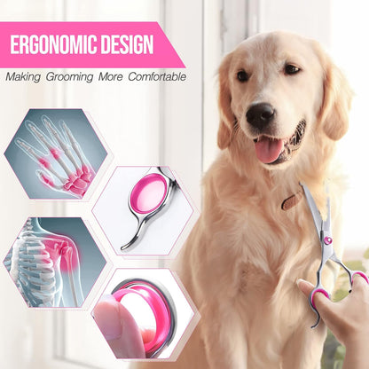 Dog Grooming Scissors Kit Professional 4CR with Safety Round Tip, 5 in 1 Heavy Duty Titanium Coated Thinning & Curved & Straight Shears   | FREE SHIPPING
